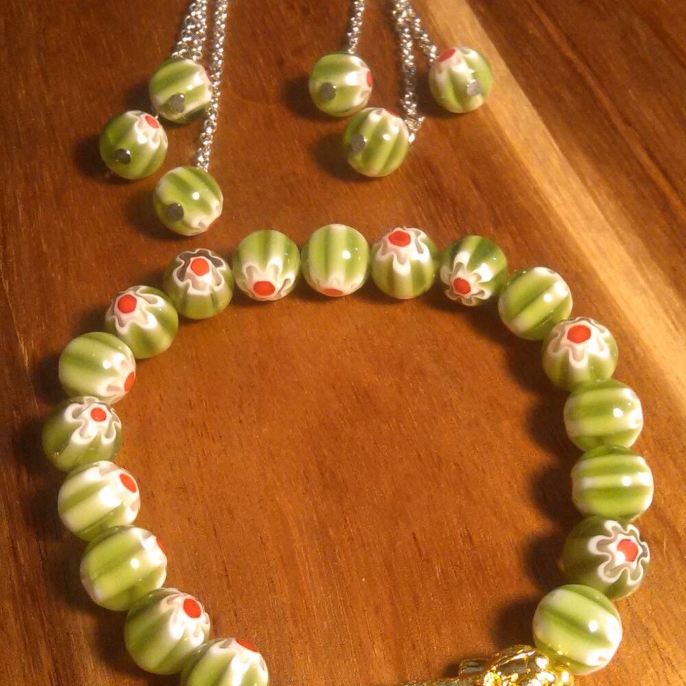 Green Murano Glass Dragon Charm Stretch Bracelet + Stainless Steel Earrings Set